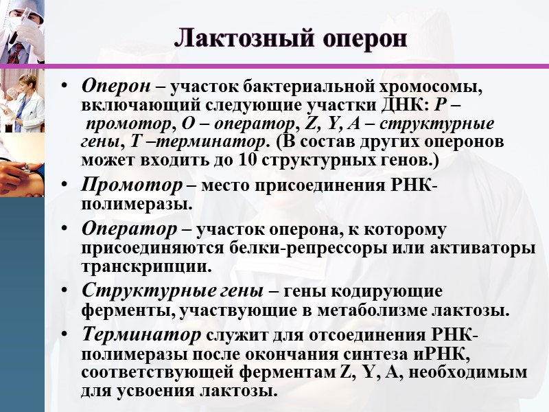 Лактозный оперон Оперон – участок бактериальной хромосомы, включающий следующие участки ДНК: Р – промотор,